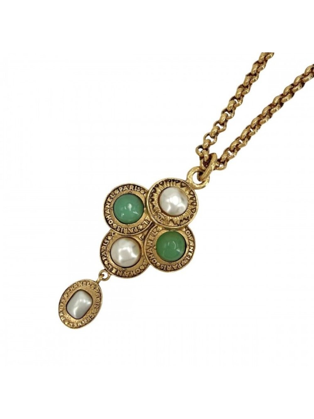Chanel Necklace Long Pendant Vintage Color Stone Faux Pearl 28 White Green